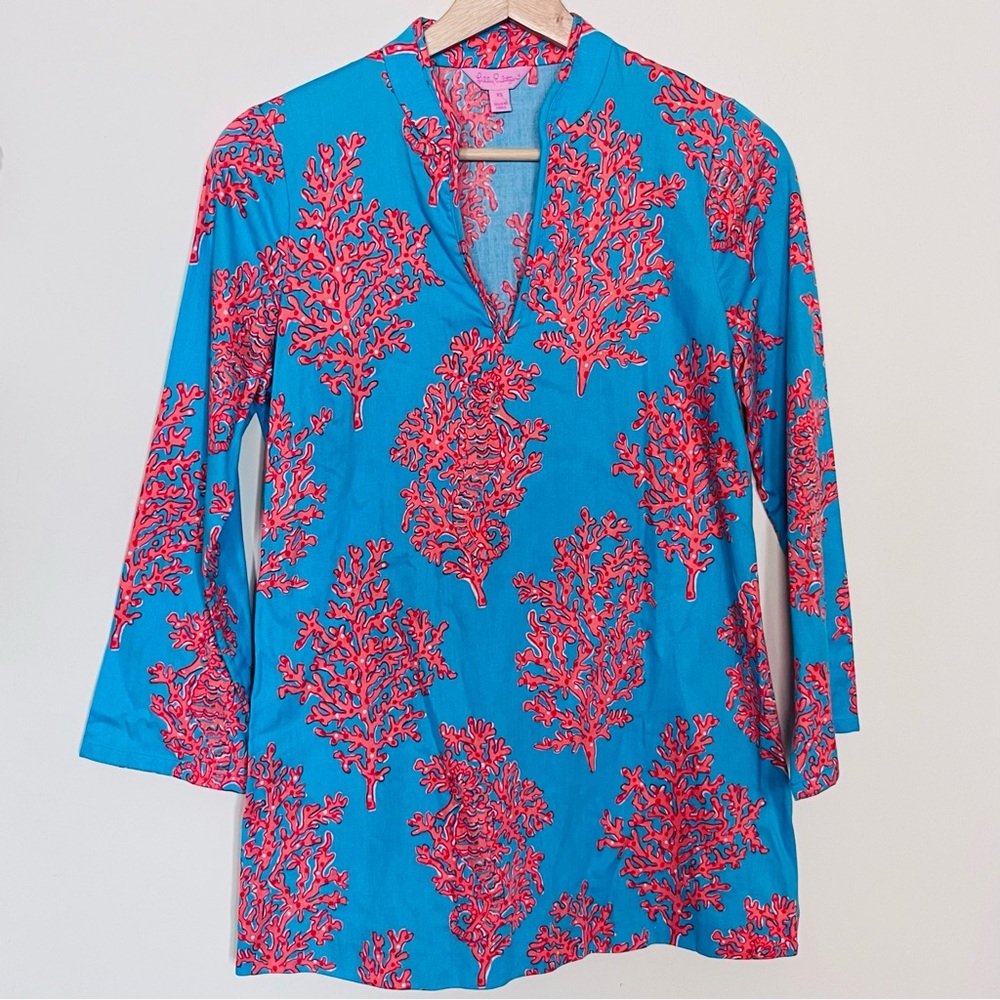 Lilly Pulitzer • XS • Turquoise Tunic Coral Seahorse Print Mandarin Collar